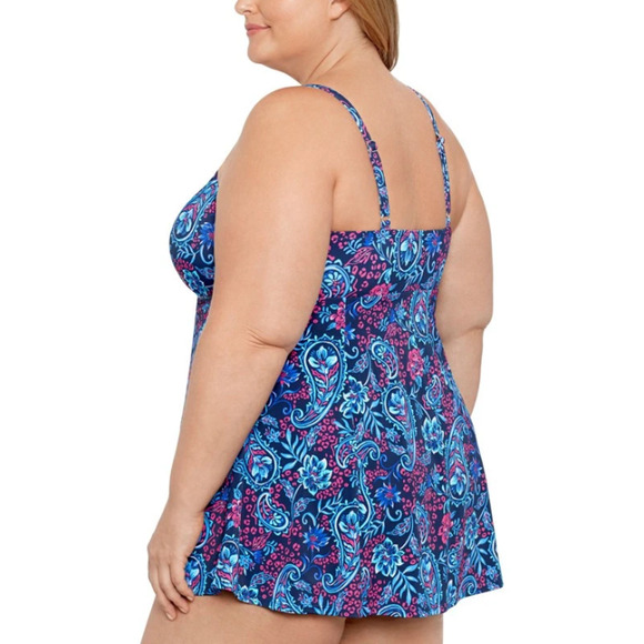 Swim Solutions Tummy Control Printed Tie-Waist Swim Dress Plus Size 16W 16161 - Picture 3 of 3